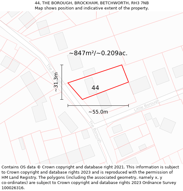 44, THE BOROUGH, BROCKHAM, BETCHWORTH, RH3 7NB: Plot and title map