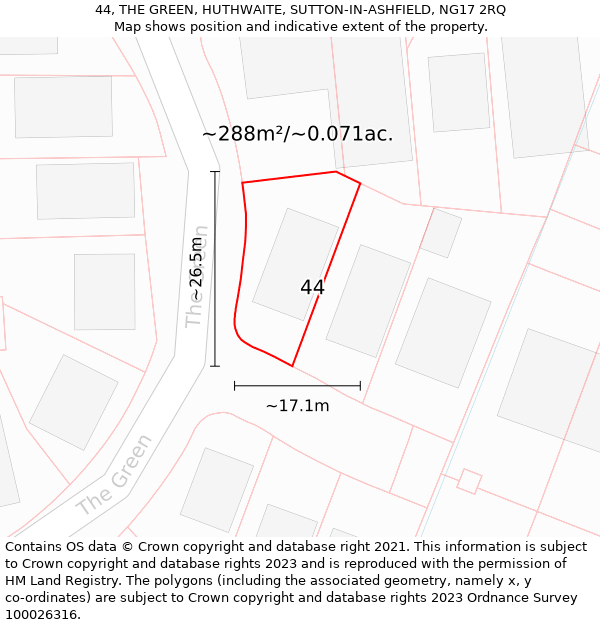 44, THE GREEN, HUTHWAITE, SUTTON-IN-ASHFIELD, NG17 2RQ: Plot and title map