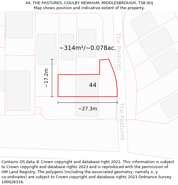 44, THE PASTURES, COULBY NEWHAM, MIDDLESBROUGH, TS8 0UJ: Plot and title map