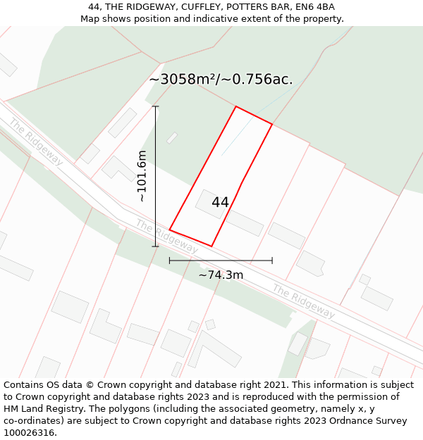 44, THE RIDGEWAY, CUFFLEY, POTTERS BAR, EN6 4BA: Plot and title map