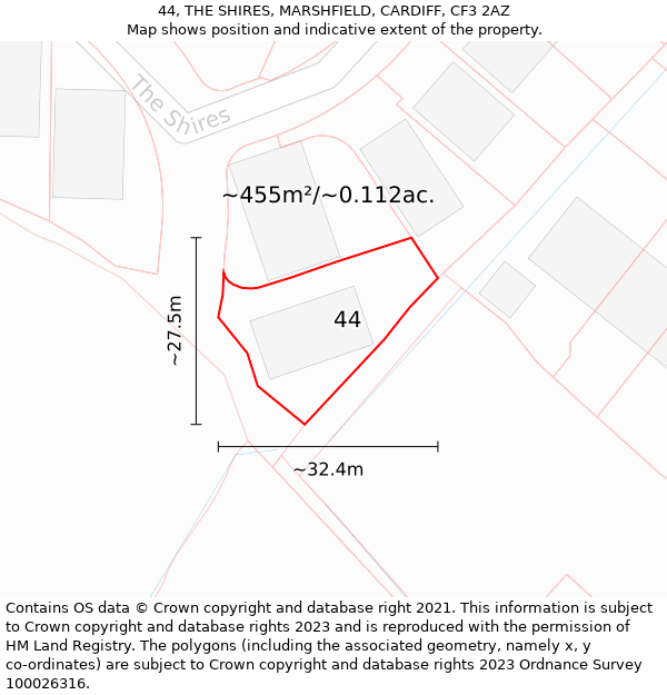 44, THE SHIRES, MARSHFIELD, CARDIFF, CF3 2AZ: Plot and title map