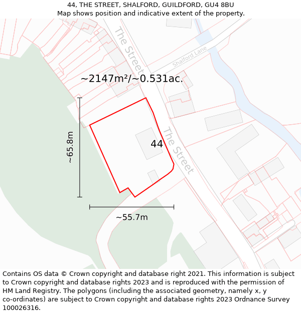 44, THE STREET, SHALFORD, GUILDFORD, GU4 8BU: Plot and title map