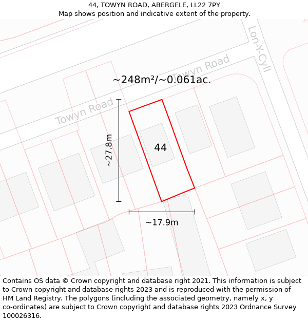 44, TOWYN ROAD, ABERGELE, LL22 7PY: Plot and title map