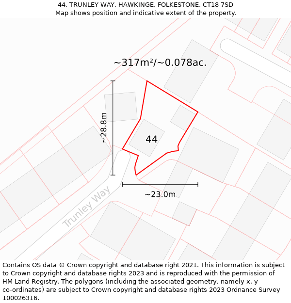 44, TRUNLEY WAY, HAWKINGE, FOLKESTONE, CT18 7SD: Plot and title map