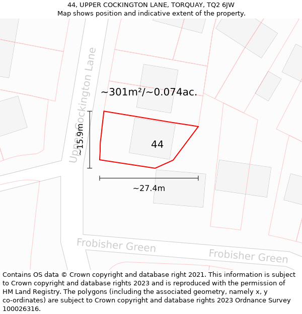 44, UPPER COCKINGTON LANE, TORQUAY, TQ2 6JW: Plot and title map