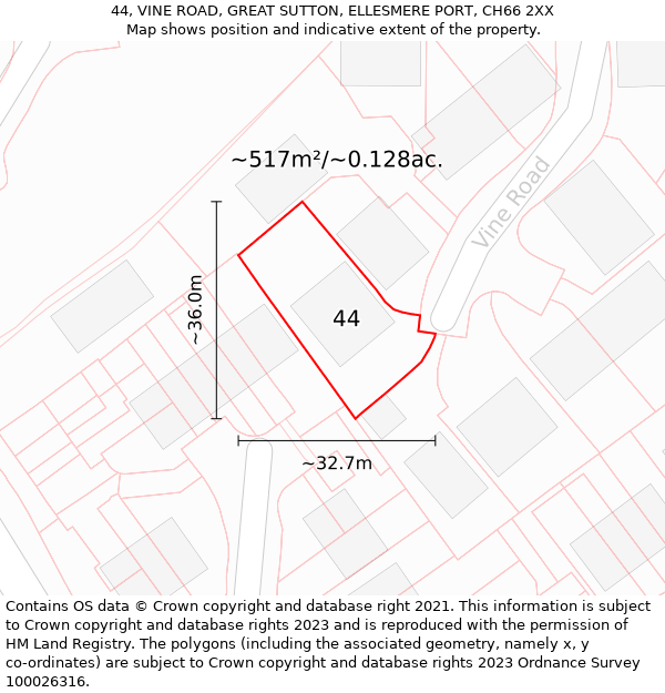 44, VINE ROAD, GREAT SUTTON, ELLESMERE PORT, CH66 2XX: Plot and title map