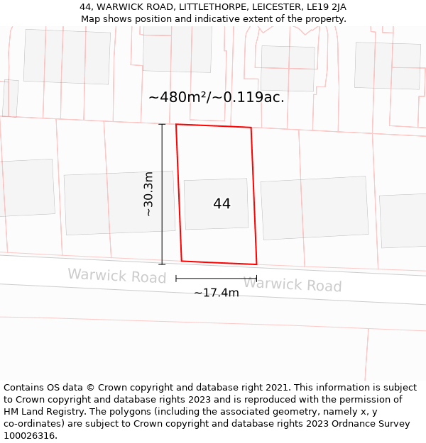 44, WARWICK ROAD, LITTLETHORPE, LEICESTER, LE19 2JA: Plot and title map