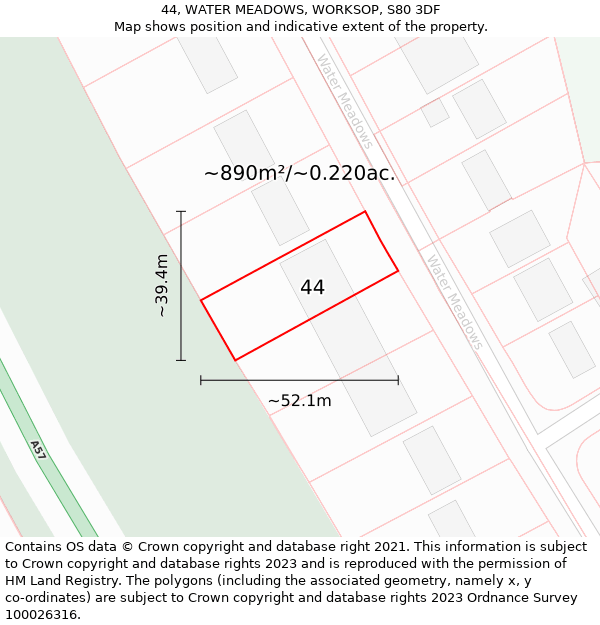 44, WATER MEADOWS, WORKSOP, S80 3DF: Plot and title map