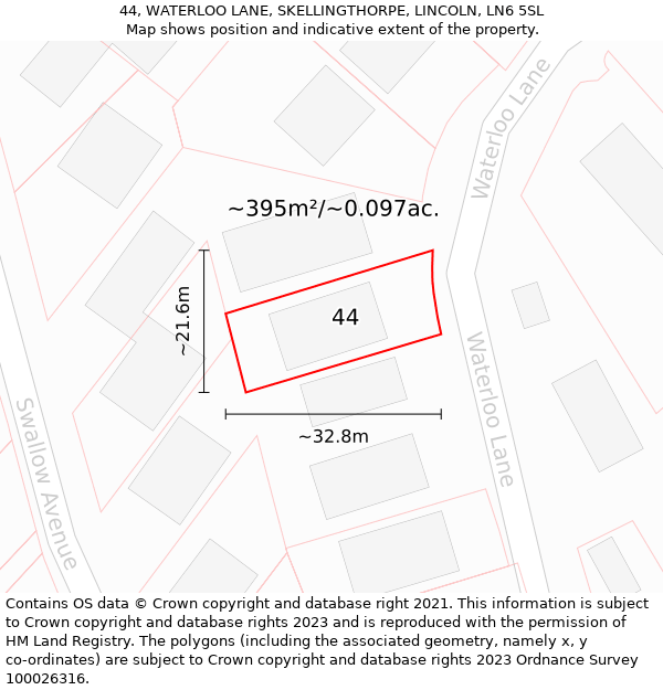 44, WATERLOO LANE, SKELLINGTHORPE, LINCOLN, LN6 5SL: Plot and title map