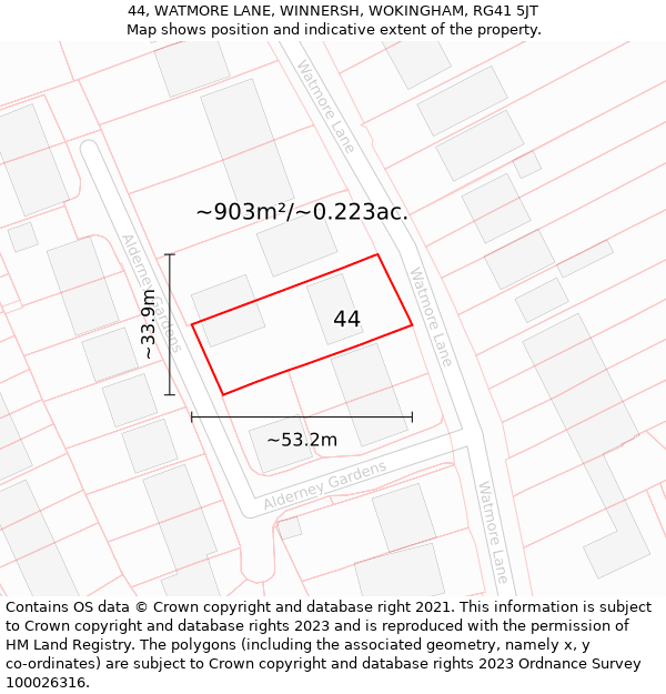 44, WATMORE LANE, WINNERSH, WOKINGHAM, RG41 5JT: Plot and title map