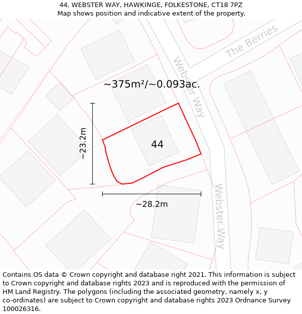 44, WEBSTER WAY, HAWKINGE, FOLKESTONE, CT18 7PZ: Plot and title map