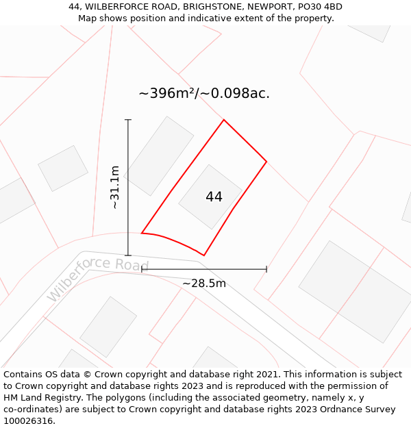 44, WILBERFORCE ROAD, BRIGHSTONE, NEWPORT, PO30 4BD: Plot and title map