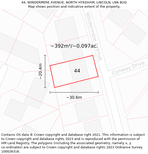 44, WINDERMERE AVENUE, NORTH HYKEHAM, LINCOLN, LN6 8UQ: Plot and title map