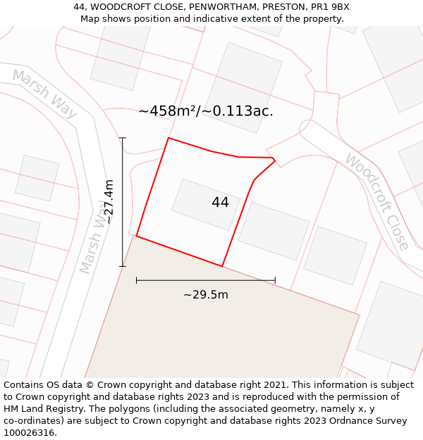 44, WOODCROFT CLOSE, PENWORTHAM, PRESTON, PR1 9BX: Plot and title map