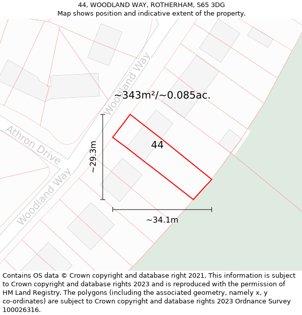 44, WOODLAND WAY, ROTHERHAM, S65 3DG: Plot and title map