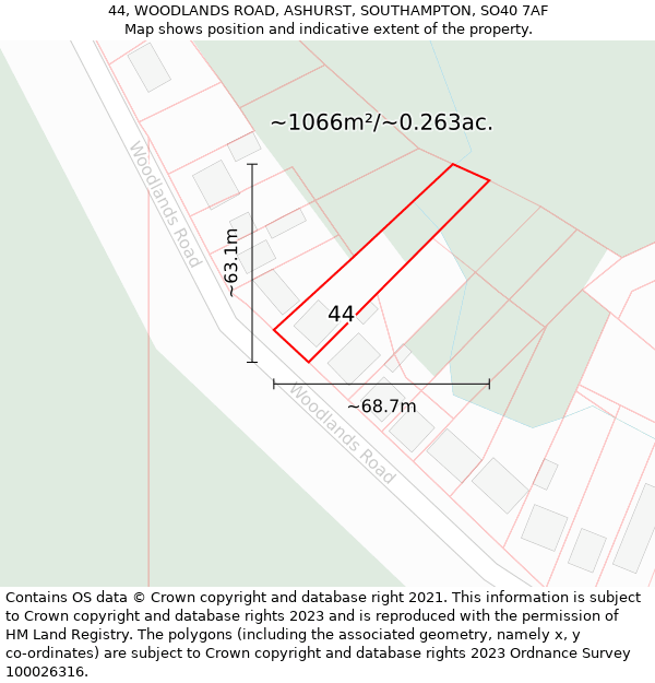 44, WOODLANDS ROAD, ASHURST, SOUTHAMPTON, SO40 7AF: Plot and title map