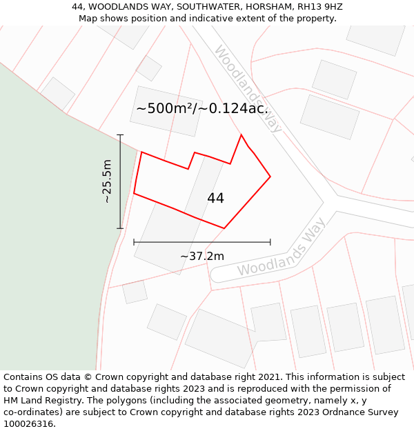 44, WOODLANDS WAY, SOUTHWATER, HORSHAM, RH13 9HZ: Plot and title map