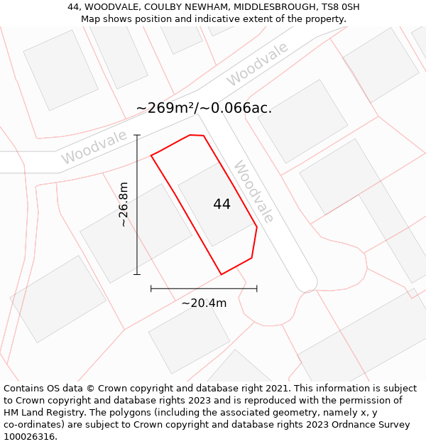 44, WOODVALE, COULBY NEWHAM, MIDDLESBROUGH, TS8 0SH: Plot and title map