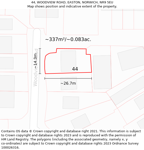 44, WOODVIEW ROAD, EASTON, NORWICH, NR9 5EU: Plot and title map