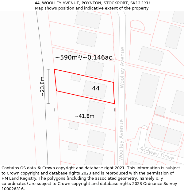 44, WOOLLEY AVENUE, POYNTON, STOCKPORT, SK12 1XU: Plot and title map
