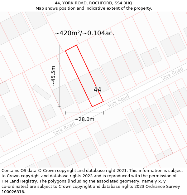 44, YORK ROAD, ROCHFORD, SS4 3HQ: Plot and title map