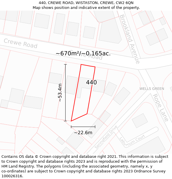 440, CREWE ROAD, WISTASTON, CREWE, CW2 6QN: Plot and title map