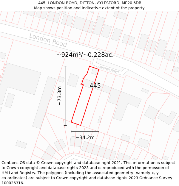 445, LONDON ROAD, DITTON, AYLESFORD, ME20 6DB: Plot and title map