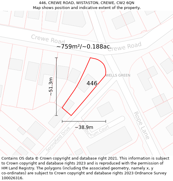 446, CREWE ROAD, WISTASTON, CREWE, CW2 6QN: Plot and title map