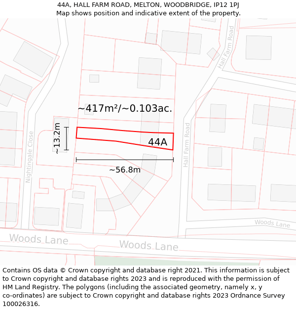 44A, HALL FARM ROAD, MELTON, WOODBRIDGE, IP12 1PJ: Plot and title map