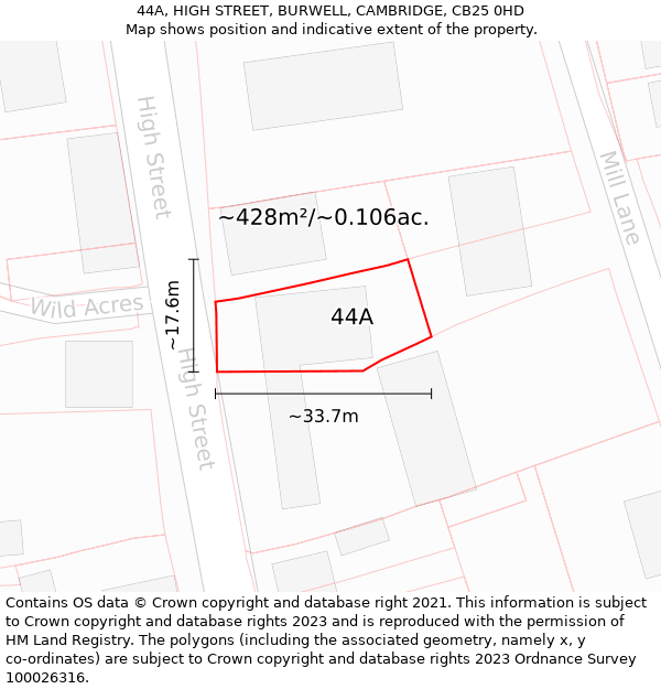 44A, HIGH STREET, BURWELL, CAMBRIDGE, CB25 0HD: Plot and title map