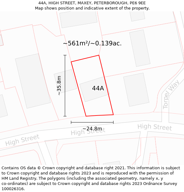 44A, HIGH STREET, MAXEY, PETERBOROUGH, PE6 9EE: Plot and title map