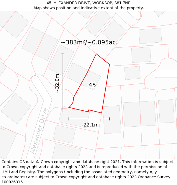 45, ALEXANDER DRIVE, WORKSOP, S81 7NP: Plot and title map