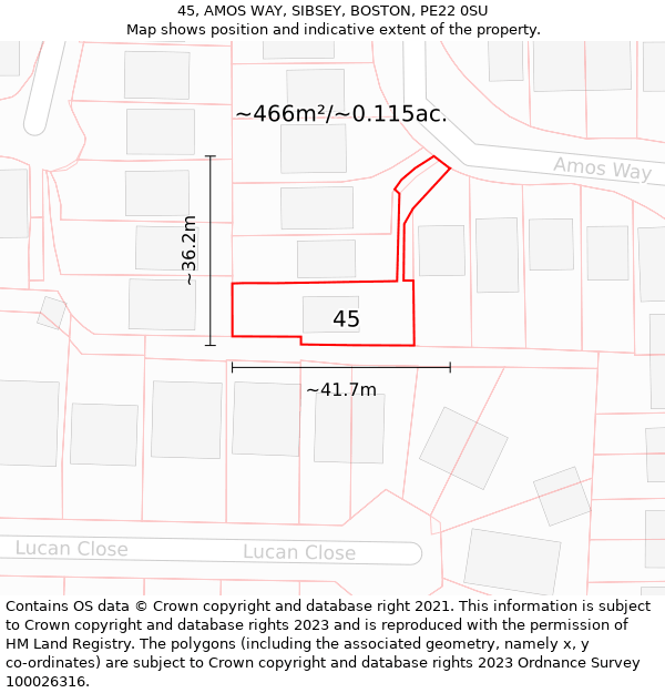 45, AMOS WAY, SIBSEY, BOSTON, PE22 0SU: Plot and title map