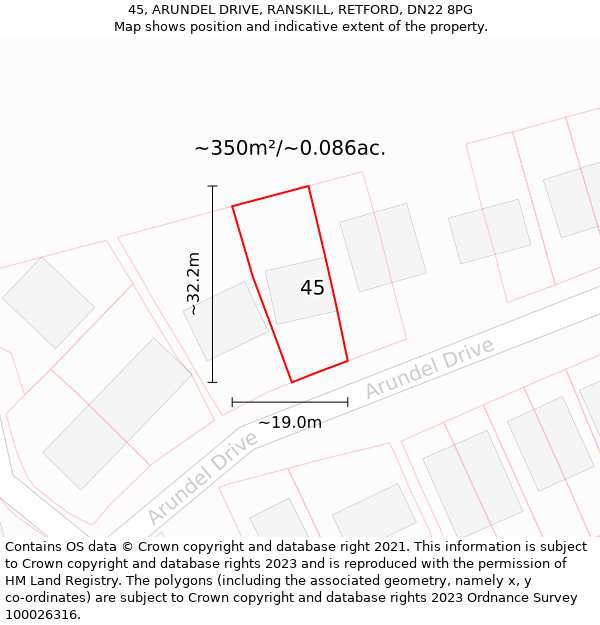 45, ARUNDEL DRIVE, RANSKILL, RETFORD, DN22 8PG: Plot and title map