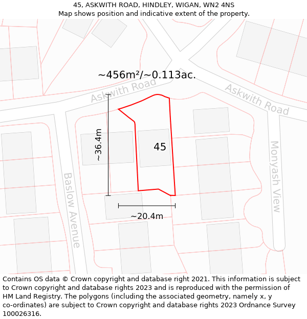 45, ASKWITH ROAD, HINDLEY, WIGAN, WN2 4NS: Plot and title map