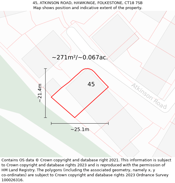 45, ATKINSON ROAD, HAWKINGE, FOLKESTONE, CT18 7SB: Plot and title map