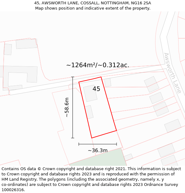 45, AWSWORTH LANE, COSSALL, NOTTINGHAM, NG16 2SA: Plot and title map