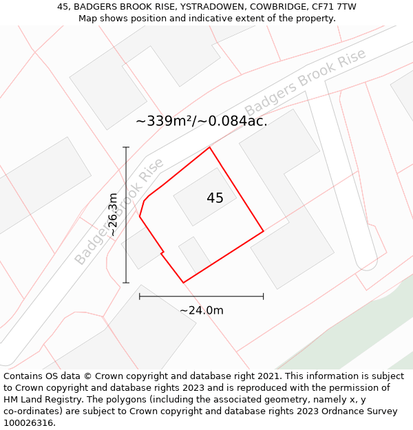 45, BADGERS BROOK RISE, YSTRADOWEN, COWBRIDGE, CF71 7TW: Plot and title map