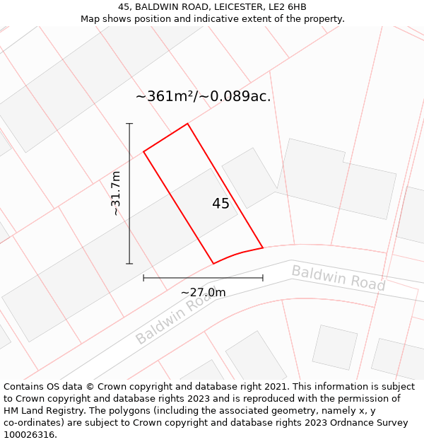 45, BALDWIN ROAD, LEICESTER, LE2 6HB: Plot and title map