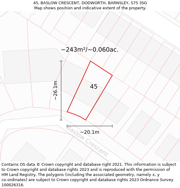 45, BASLOW CRESCENT, DODWORTH, BARNSLEY, S75 3SG: Plot and title map