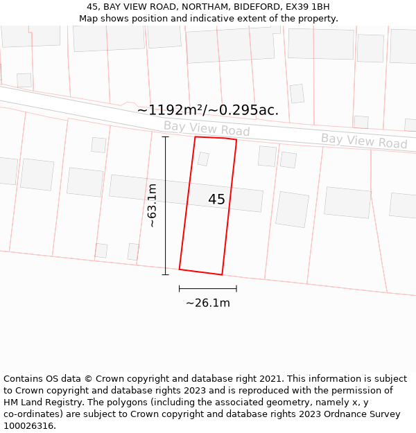 45, BAY VIEW ROAD, NORTHAM, BIDEFORD, EX39 1BH: Plot and title map