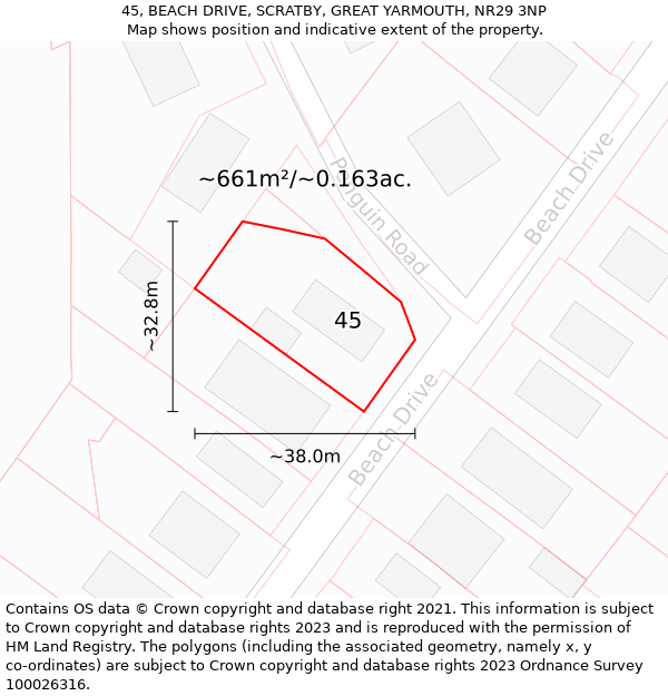 45, BEACH DRIVE, SCRATBY, GREAT YARMOUTH, NR29 3NP: Plot and title map