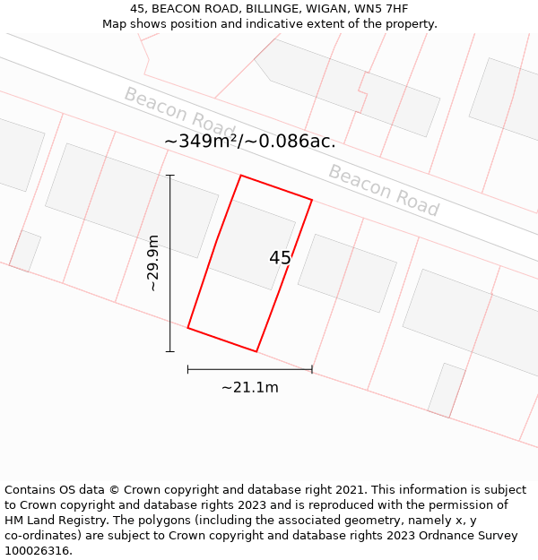 45, BEACON ROAD, BILLINGE, WIGAN, WN5 7HF: Plot and title map