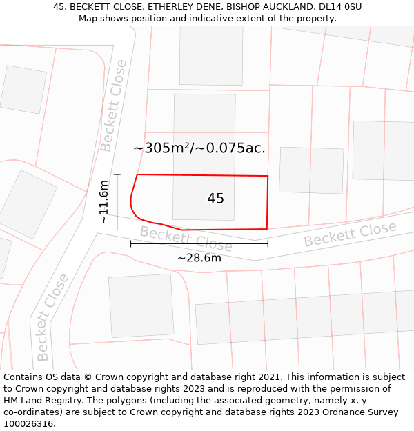 45, BECKETT CLOSE, ETHERLEY DENE, BISHOP AUCKLAND, DL14 0SU: Plot and title map