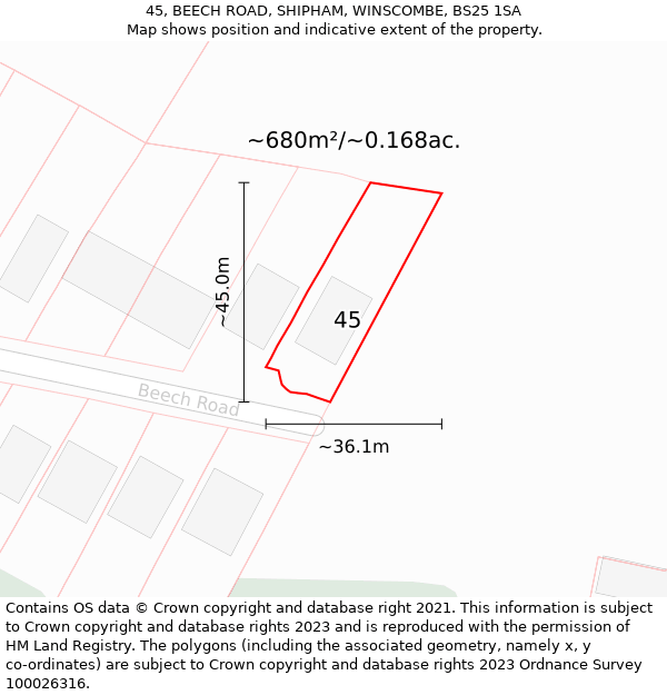 45, BEECH ROAD, SHIPHAM, WINSCOMBE, BS25 1SA: Plot and title map