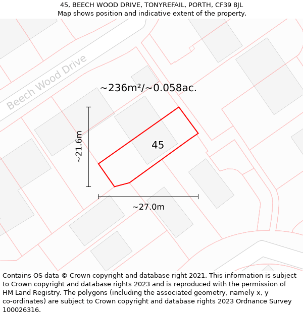 45, BEECH WOOD DRIVE, TONYREFAIL, PORTH, CF39 8JL: Plot and title map