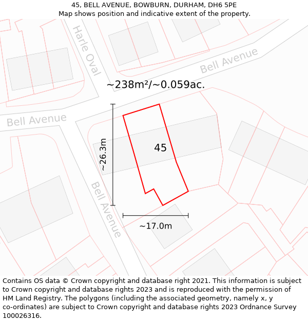 45, BELL AVENUE, BOWBURN, DURHAM, DH6 5PE: Plot and title map