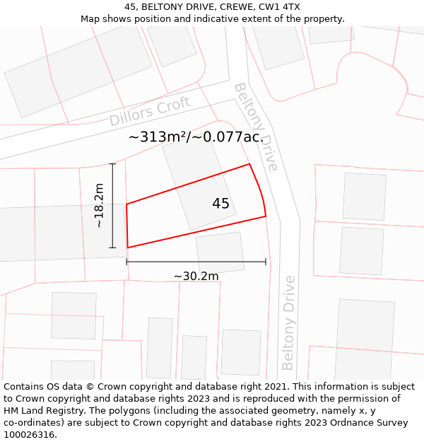 45, BELTONY DRIVE, CREWE, CW1 4TX: Plot and title map