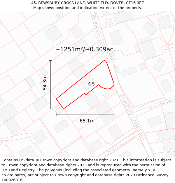 45, BEWSBURY CROSS LANE, WHITFIELD, DOVER, CT16 3EZ: Plot and title map