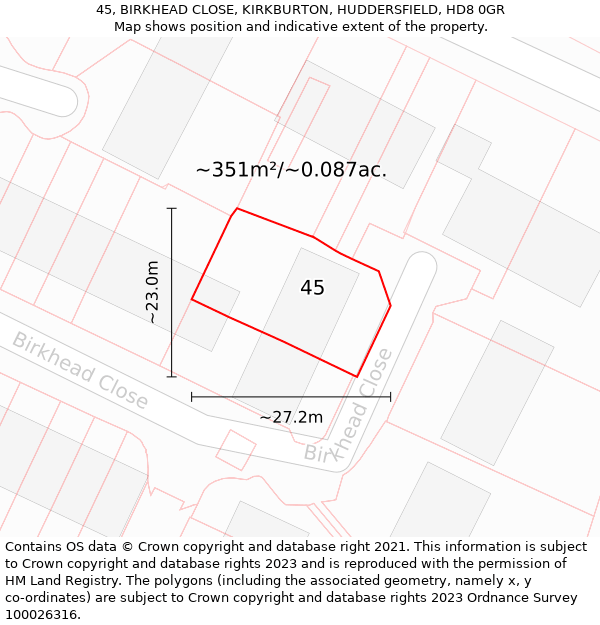 45, BIRKHEAD CLOSE, KIRKBURTON, HUDDERSFIELD, HD8 0GR: Plot and title map